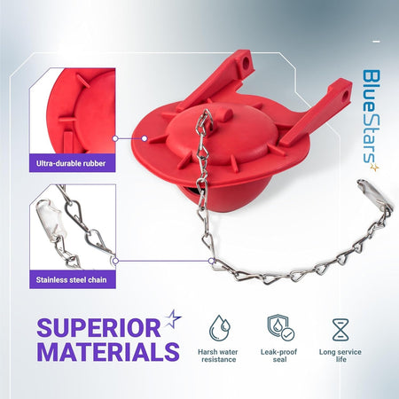 3-inch red rubber Toto toilet flapper replacement with stainless steel chain and material feature callouts.