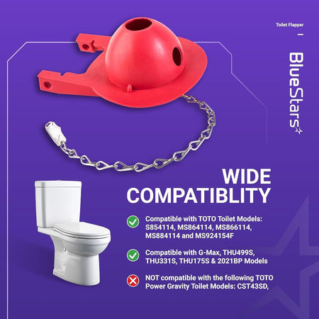 Red 3-inch Toto toilet flapper replacement with metal chain and compatibility information graphic.