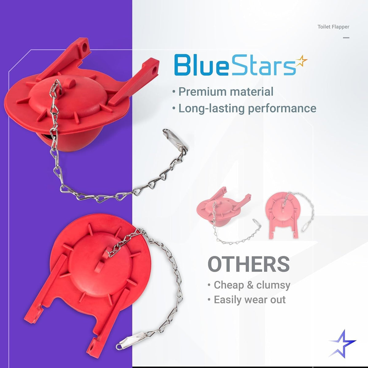 Comparison graphic showing BlueStars 3-inch Toto toilet flapper replacement versus standard flappers.