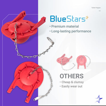 Comparison graphic showing BlueStars 3-inch Toto toilet flapper replacement versus standard flappers.