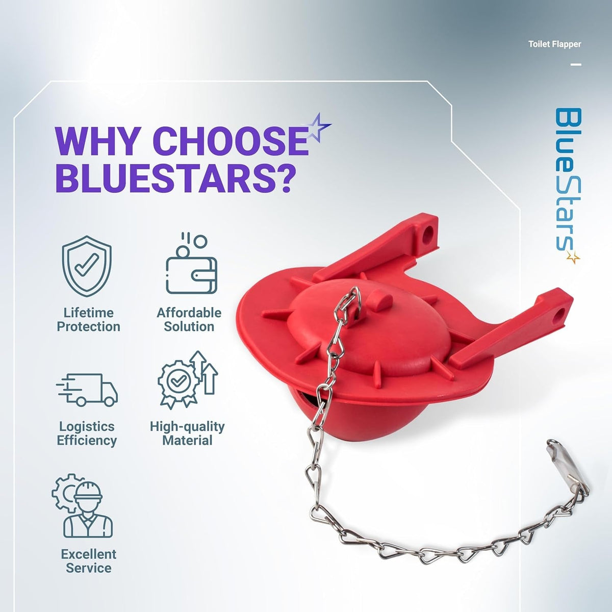 Red 3-inch Toto toilet flapper replacement with metal chain on a BlueStars promotional background.