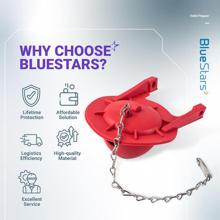 Red 3-inch Toto toilet flapper replacement with metal chain on a BlueStars promotional background.