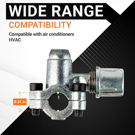 Close-up of a BPV-31 bullet piercing valve for HVAC air conditioner pipes with 0.31-inch diameter measurement.