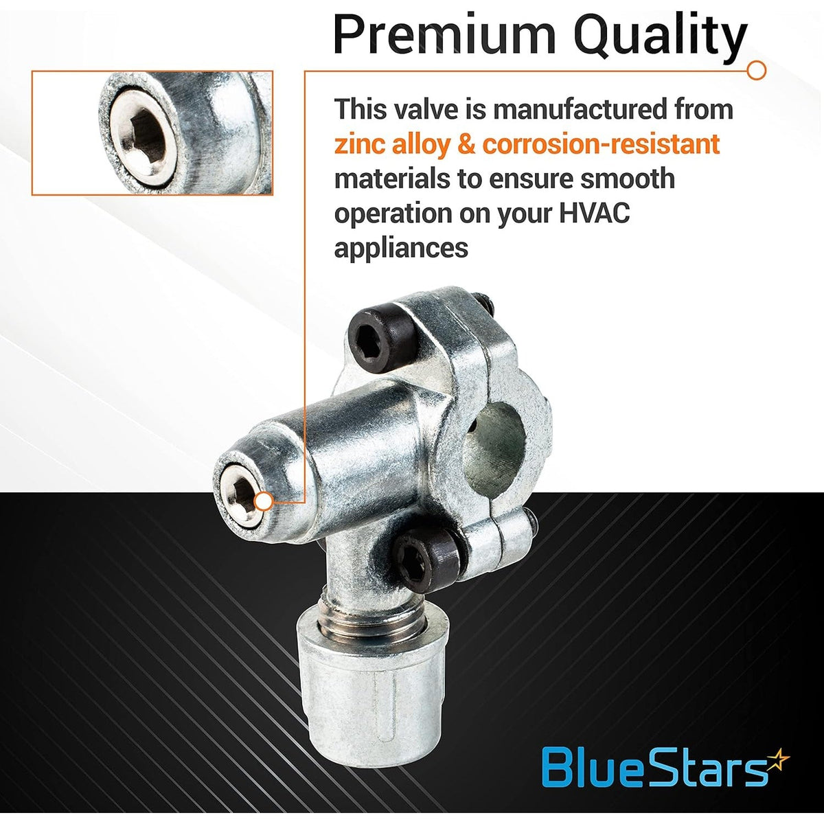 Close-up of BPV-31 bullet piercing valve for HVAC pipes with zinc alloy construction and informational text overlay.
