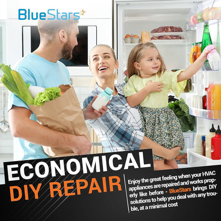 Family in kitchen with refrigerator, promoting BlueStars DIY HVAC repair solutions.