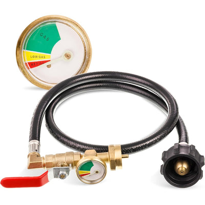 3-foot propane refill adapter hose with pressure gauge and red on/off control valve for 1 lb bottle filling.