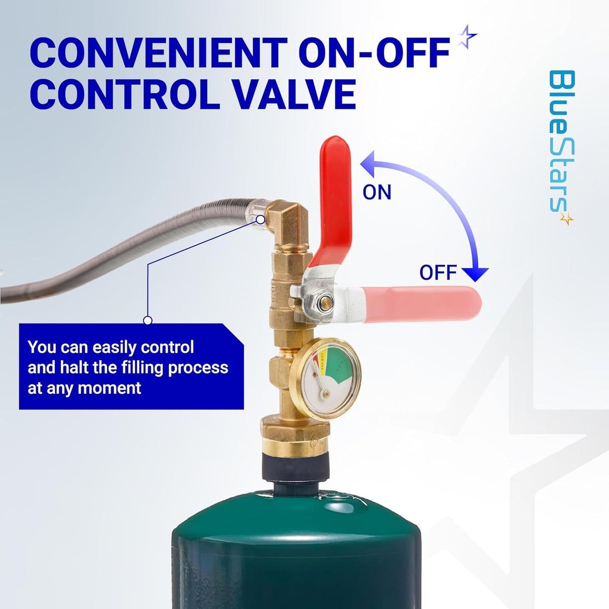 Close-up of propane refill adapter hose featuring an on-off control valve and pressure gauge for 1 lb bottle filling.