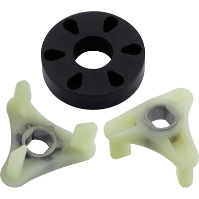 Metal core motor coupling kit with black rubber drive block and two white plastic drive forks for washer repair.