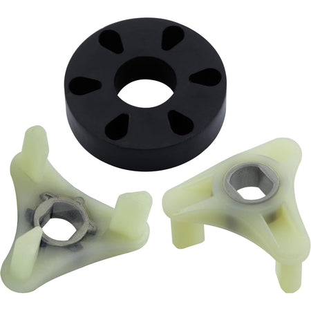 Metal core motor coupling kit with black rubber drive block and two white plastic drive forks for washer repair.