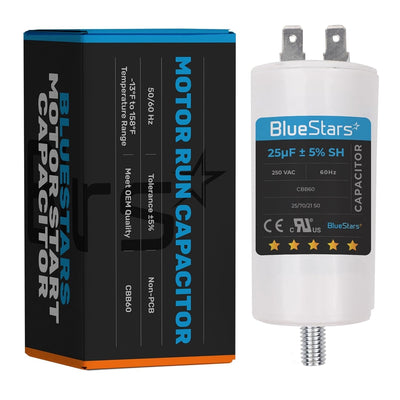 BlueStars 25 uF 250 VAC CBB60 motor run capacitor with screw base and its retail packaging box.