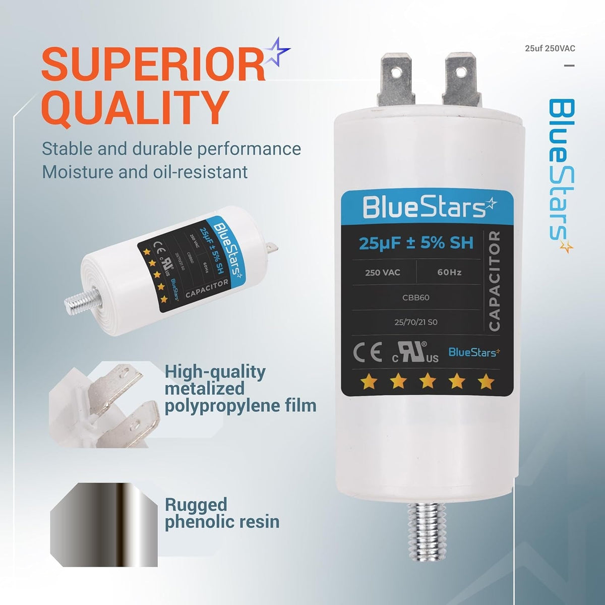 BlueStars 25uF 250VAC CBB60 run capacitor with screw stud and terminal connectors in a product feature infographic.