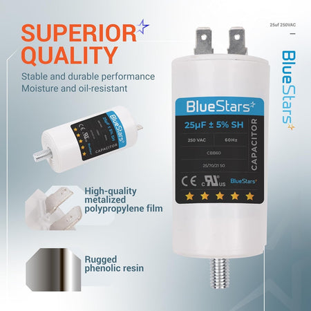 BlueStars 25uF 250VAC CBB60 run capacitor with screw stud and terminal connectors in a product feature infographic.