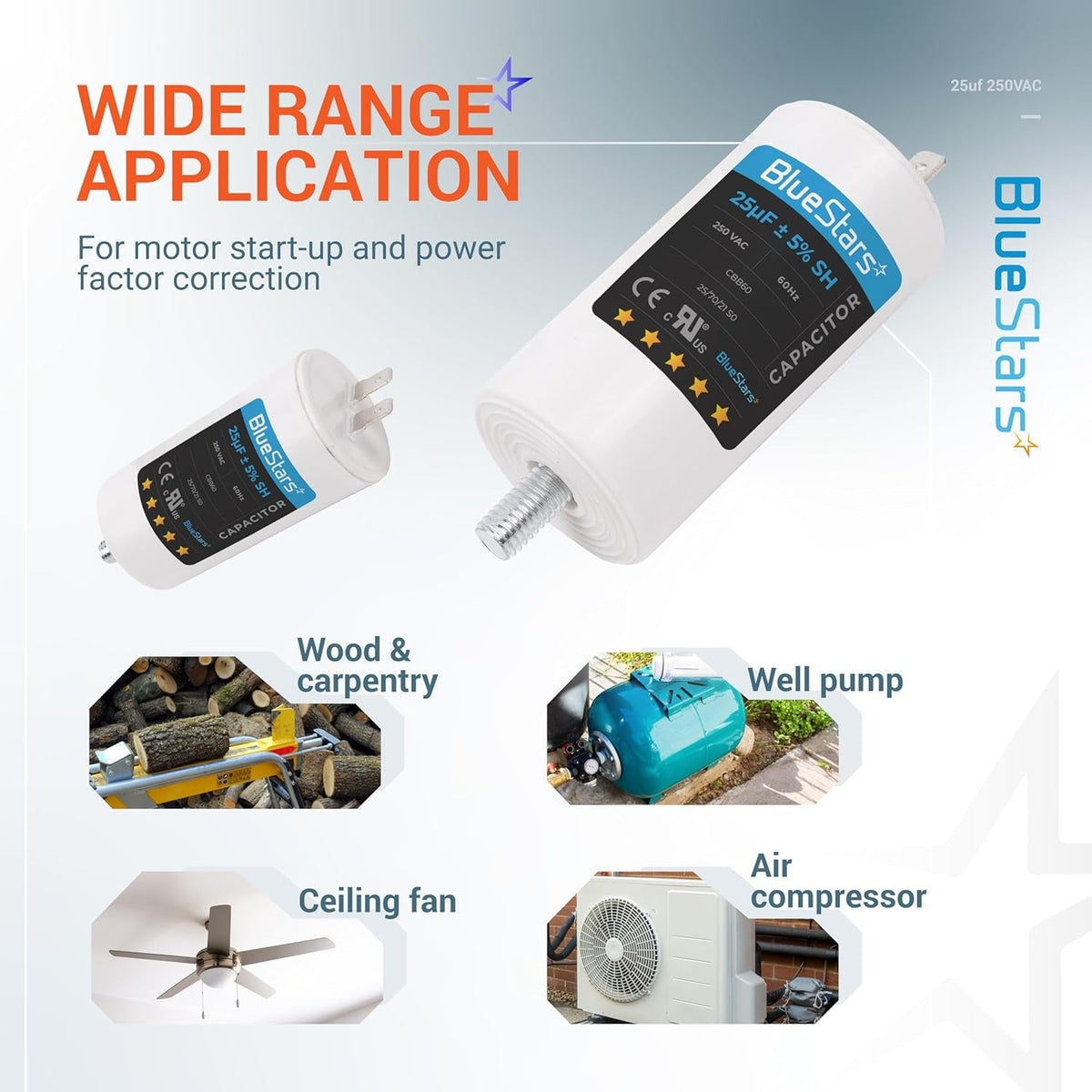 BlueStars 25uF 250VAC CBB60 run capacitor with screw stud and application examples for motors and pumps.