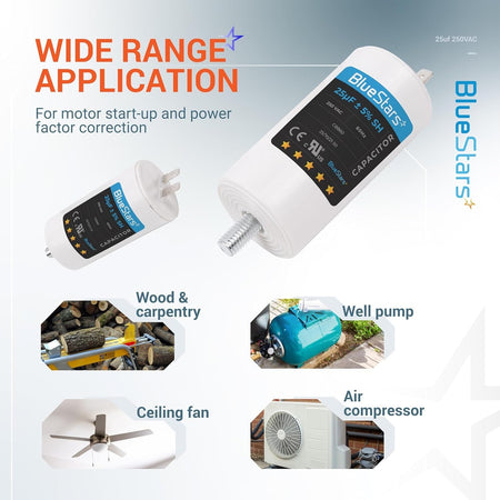 BlueStars 25uF 250VAC CBB60 run capacitor with screw stud and application examples for motors and pumps.