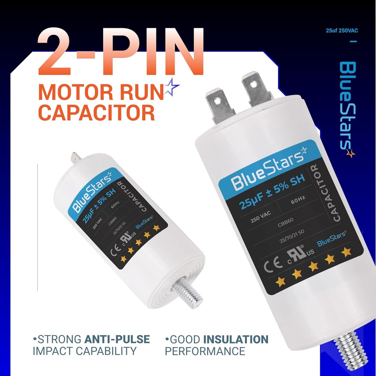 Two 25uF 250VAC CBB60 2-pin motor run capacitors with mounting screws.