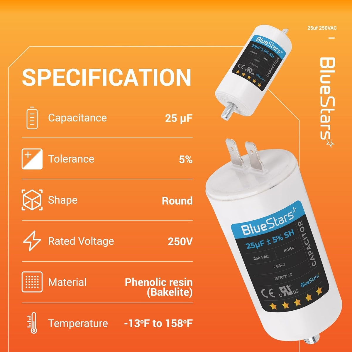 BlueStars 25uF 250VAC CBB60 run capacitor specification chart with product views.