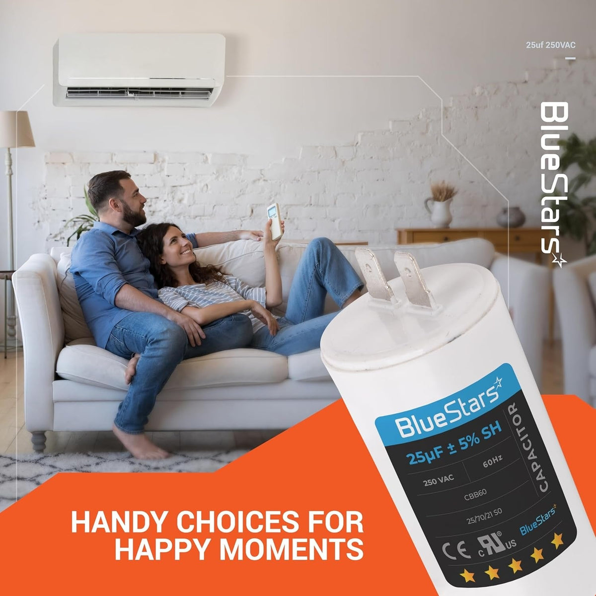 BlueStars 25uF 250VAC CBB60 run capacitor for air conditioner units shown in a lifestyle marketing graphic.