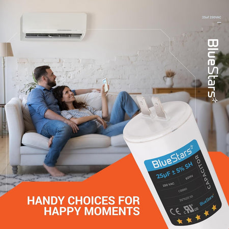 BlueStars 25uF 250VAC CBB60 run capacitor for air conditioner units shown in a lifestyle marketing graphic.