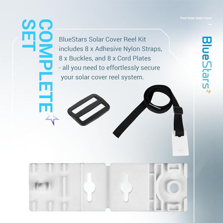 BlueStars solar cover reel attachment kit showing nylon strap, buckle, and cord plate components.