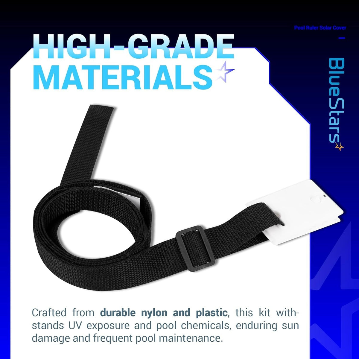 Durable nylon strap with plastic buckle and adhesive tab for inground pool solar cover reel attachment.