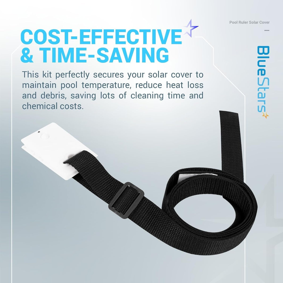 Solar cover reel attachment kit featuring a black nylon strap, white adhesive tab, and buckle for inground pool covers.