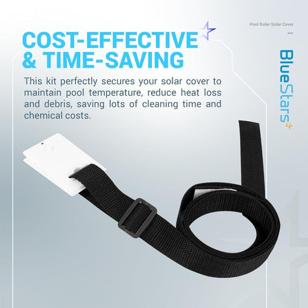 Solar cover reel attachment kit featuring a black nylon strap, white adhesive tab, and buckle for inground pool covers.