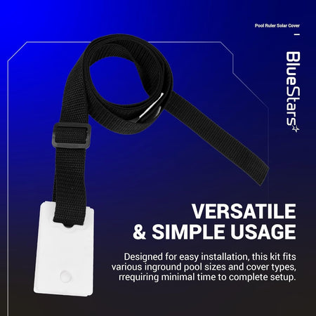 Black nylon strap with white adhesive tab and buckle for inground pool solar cover reel attachment.