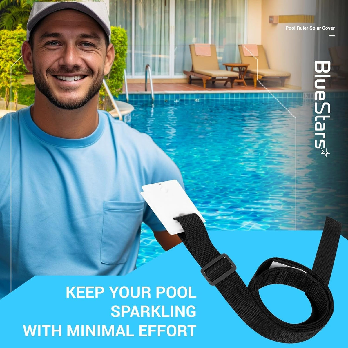 Solar cover reel attachment kit featuring a nylon strap, adhesive tab, and buckle for inground pool covers.