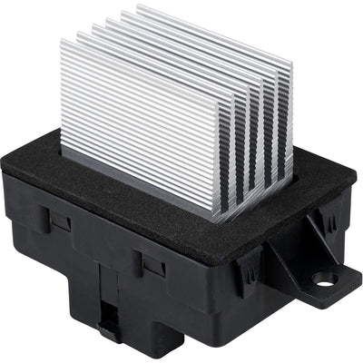 8E5Z19E624A blower motor resistor with silver aluminum heat sink and black plastic housing.