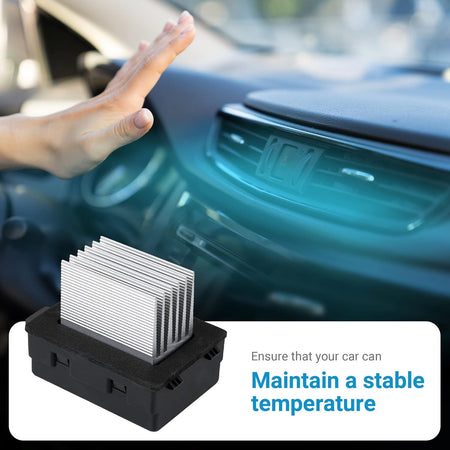 8E5Z19E624A blower motor resistor with cooling fins shown against a car dashboard interior.