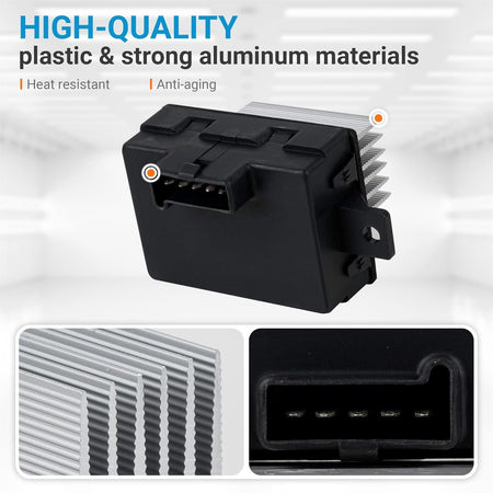8E5Z19E624A blower motor resistor with heat-resistant aluminum cooling fins and electrical connector close-up.