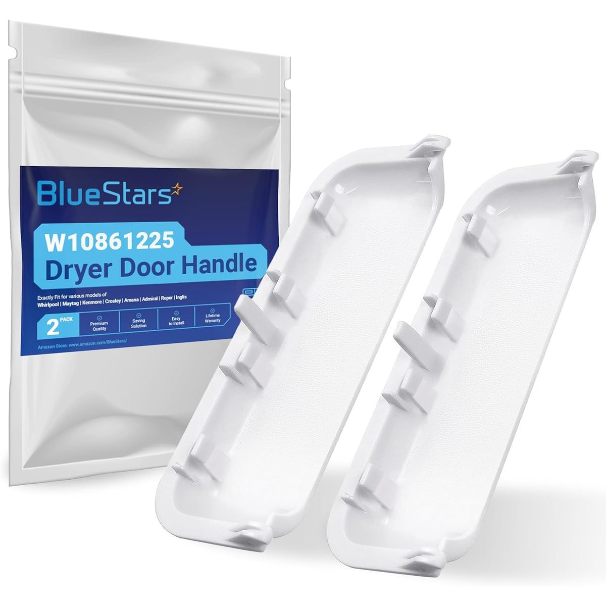 Two white dryer door handles for Whirlpool, Kenmore, and Maytag dryers with BlueStars branded packaging.
