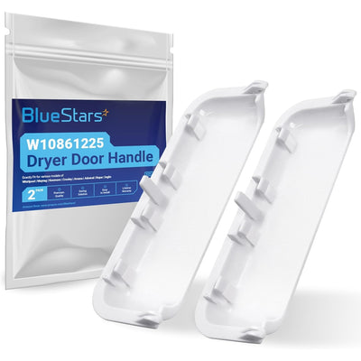 Two white dryer door handles for Whirlpool, Kenmore, and Maytag dryers with BlueStars branded packaging.