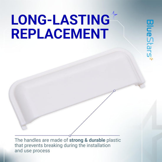 Single white dryer door handle replacement for Whirlpool, Kenmore, and Maytag dryers.