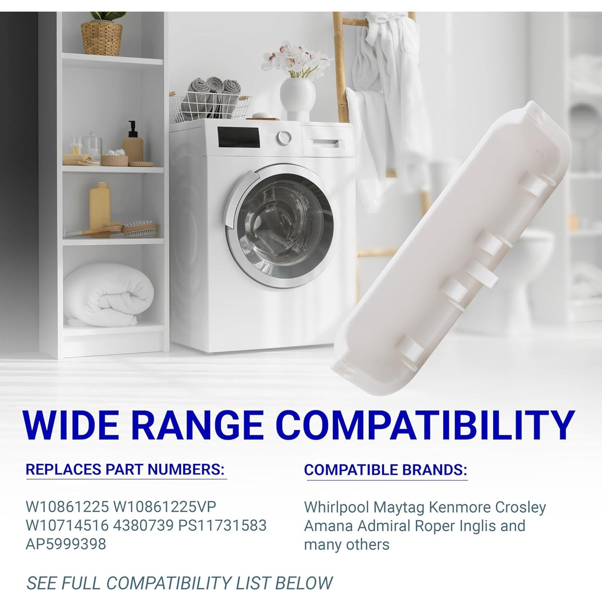 White dryer door handle replacement for Whirlpool, Kenmore, and Maytag dryers shown against a laundry room background.