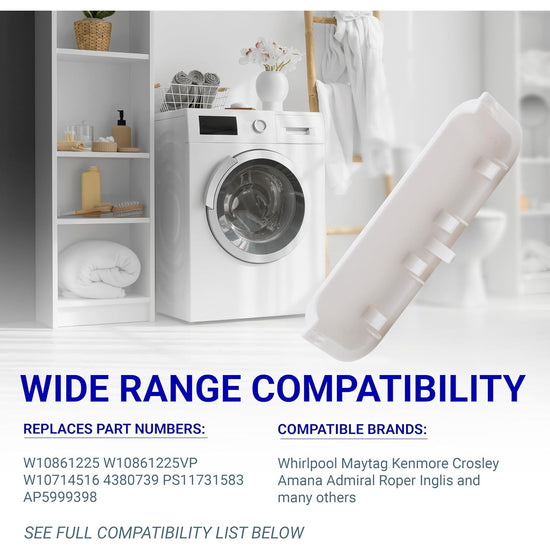 White dryer door handle replacement for Whirlpool, Kenmore, and Maytag dryers shown against a laundry room background.