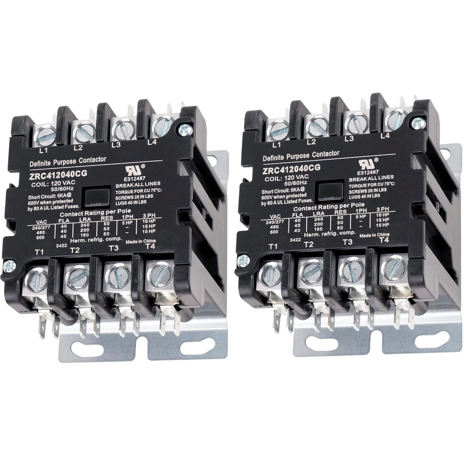 Two 40 Amp 4-pole definite purpose contactors with 120 VAC coils.