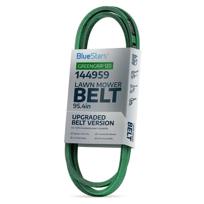 BlueStars 144959 green deck belt for 42-inch lawn mowers, 95.4-inch replacement belt in branded packaging.