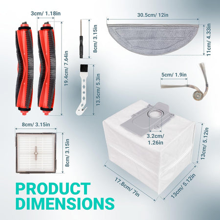 24-Pack Q10 S5+ Replacement Parts Kit for Roborock Q10 S5 S5+ Q10 X5 X5+, product dimensions diagram