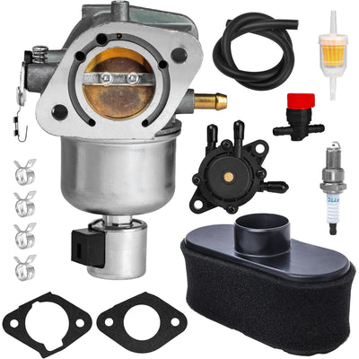 Carburetor maintenance kit for Kawasaki FR691V and FS691V engines including carburetor, air filter, pump, and accessories.