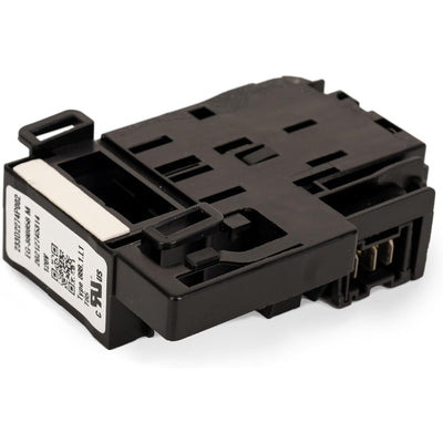 Black washer lid lock switch replacement part for GE washing machines with label detail.