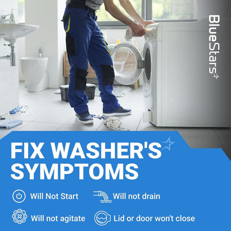 Technician repairing a GE washer to fix issues like lid lock failure, starting, draining, or agitation problems.