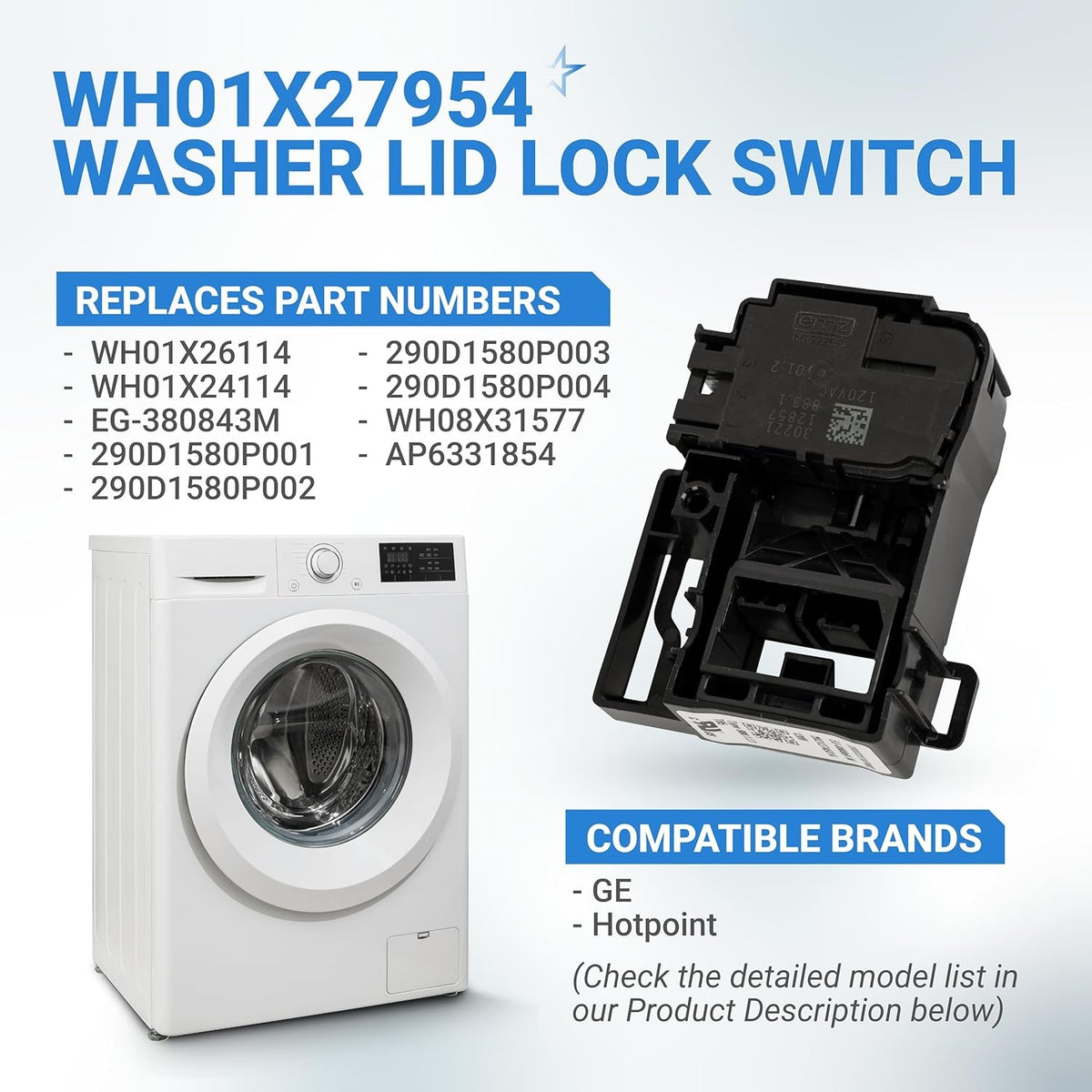 WH01X27954 washer lid lock switch replacement part for GE washing machines with compatibility list and product image.