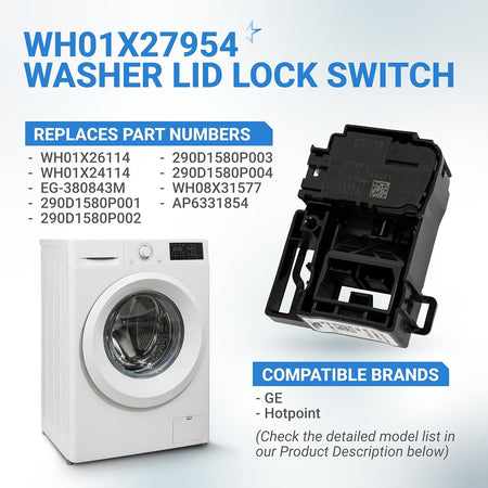 WH01X27954 washer lid lock switch replacement part for GE washing machines with compatibility list and product image.