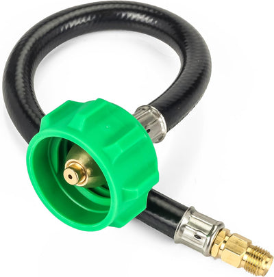 12-inch RV propane pigtail hose with green QCC1 connector and 1/4-inch inverted male flare fitting.