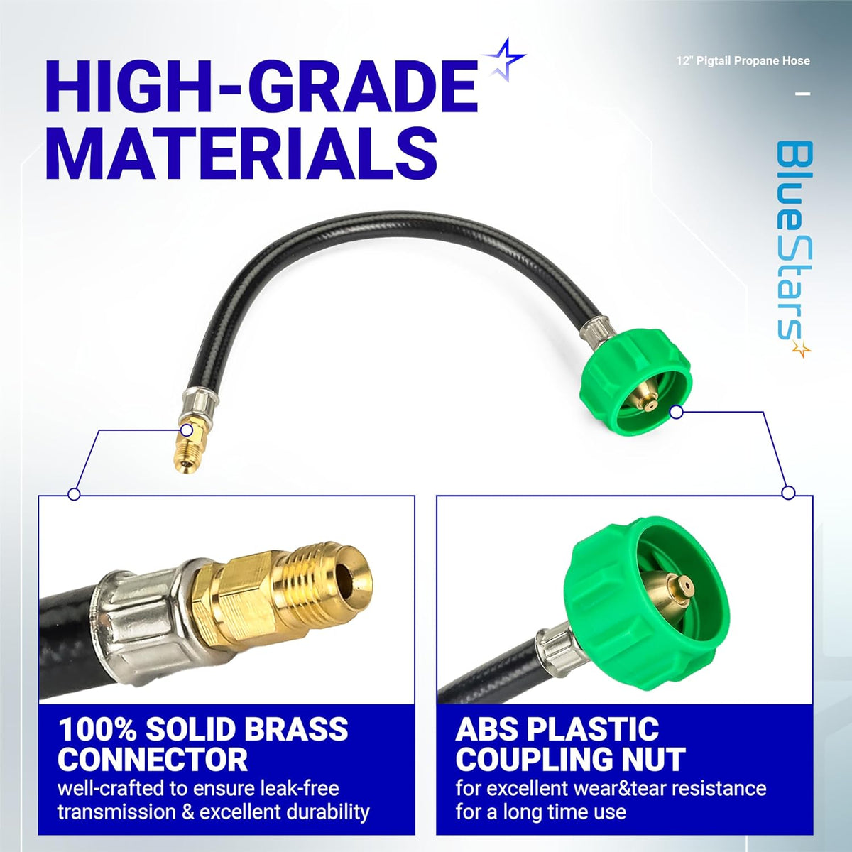 12-inch RV pigtail propane hose showing close-up details of the brass flare fitting and green QCC1 coupling nut.