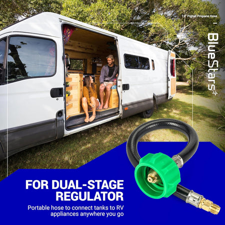 12-inch RV pigtail propane hose with QCC1 connector and 1/4 inverted male flare for dual-stage regulator.