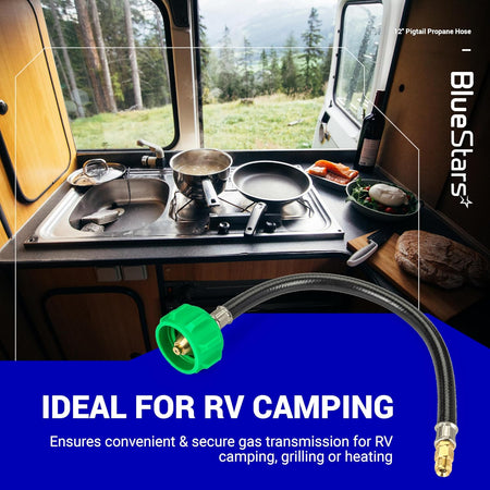 12-inch RV pigtail propane hose with QCC1 connector and 1/4 inch inverted male flare fitting for camping.