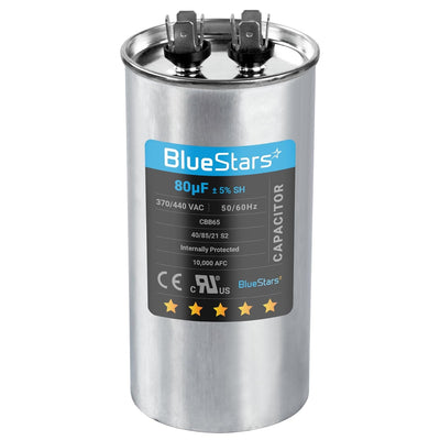 80 uF 370/440 VAC CBB65 round run capacitor with dual terminals for AC motor and heat pump applications.