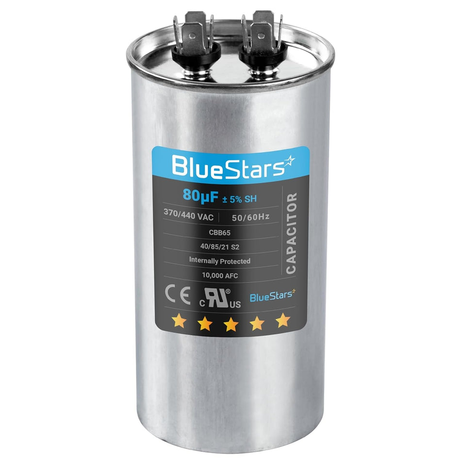 80 uF 370/440 VAC CBB65 round run capacitor with dual terminals for AC motor and heat pump applications.